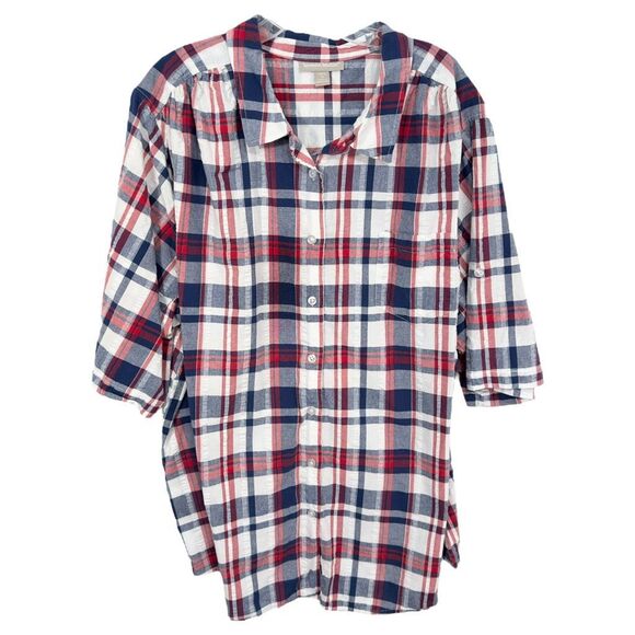 Woman Within Plus Size 3X Top 30W 32W Plaid Red Blue White Cotton Button Up 1578 - Picture 1 of 7